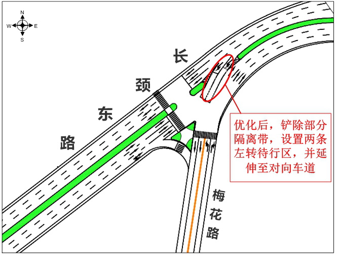 圖4 優(yōu)化后長(zhǎng)頸-梅花路東進(jìn)口設(shè)置左轉(zhuǎn)待行區(qū)
