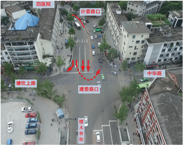 圖9 建委路口南進口掉頭車道以及掉頭路線示意圖