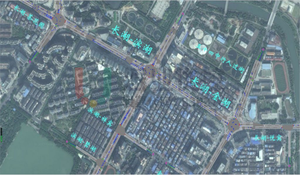 圖6 長(zhǎng)湖路-濱湖路-金湖路早高峰優(yōu)化方案仿真截圖