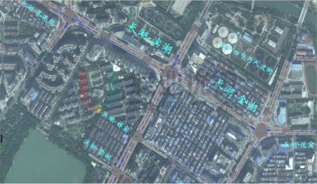 圖7 長(zhǎng)湖路-濱湖路-金湖路晚高峰優(yōu)化方案仿真截圖