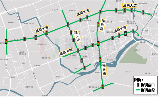圖1 聯(lián)動(dòng)協(xié)調(diào)區(qū)域路口路段示意圖